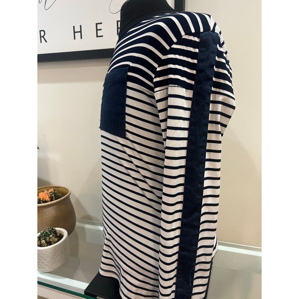 New Lady Long Sleeve Striped Tee with Denim Details